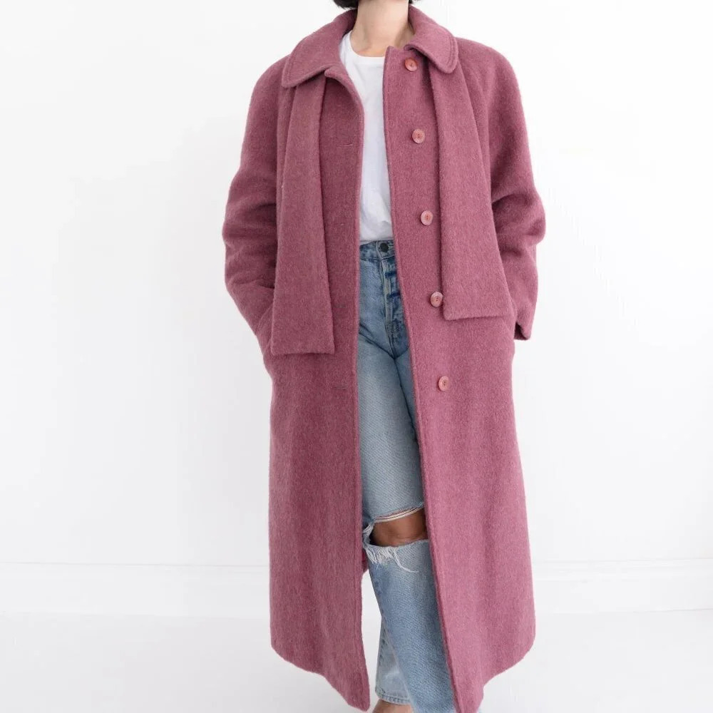 Long Rose Pink Wool Blend Pea Coat with Scarf Detail